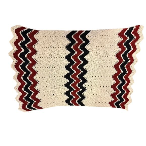Knitted afghan crochet chevron throw blanket homemade 77” x 52” red cream blue - Picture 7 of 7